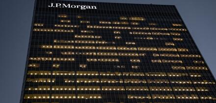 LONDON-  The JP Morgan building in London's Canary Wharf financial district. An American investment bank and financial services company.