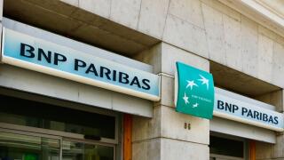 BNP Paribas french bank signage over the entrance to a branch in Rue Nationale Indre-et-Loire Tours France