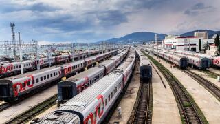 JULY 24, 2016, ADLER RUSSIA: railway station view from above with the trains of Russian Railways