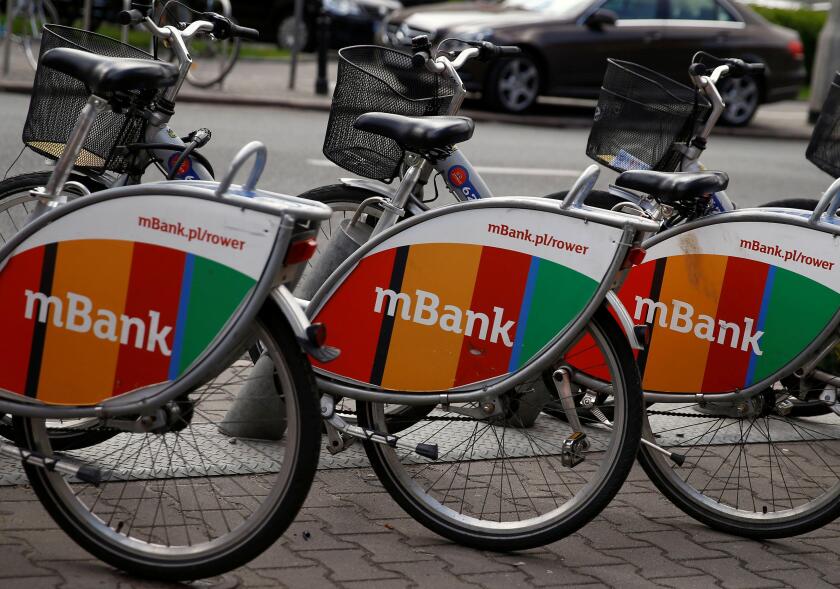 Logo of mBank, Poland's fourth-largest lender by assets, is seen as an advert on city bicycles in Warsaw, Poland April 28, 2016. REUTERS/Kacper Pempel