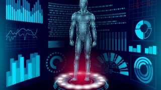 3D low poly human body HUD display doctor online. Future technology medicine laboratory web examination. Blood system disease diagnostics futuristic UI vector illustration