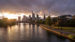 The skyline of Frankfurt am Main in the evening sun, on September 29, 2021. In the middle of the skyscrapers, the Commerzbank Tower, the headquarters of Commerzbank, on the right a park. (Photo by Alexander Pohl/Sipa USA)