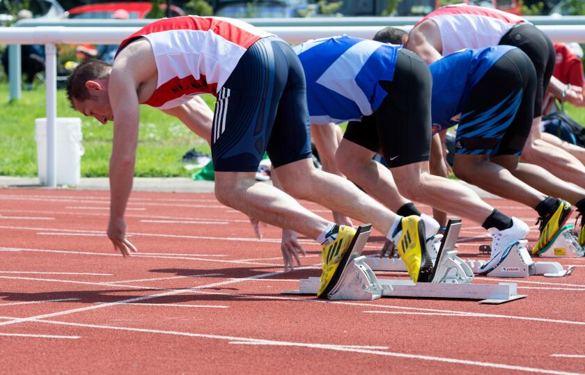 Masters athletics UK. Men`s 100m race start.