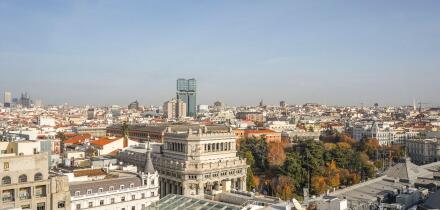 Aerial view, cityscape of Madrid, with Colon towers in centre, Instituto Cervantes in front, Spain, the City of Madrid, Spain.