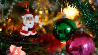 Christmas baubles on Christmas tree close-up. Image shot 2007. Exact date unknown.