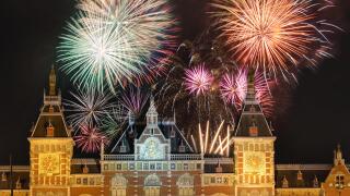 Fireworks above the Amsterdam Centraal, the main downtown metro and train station
