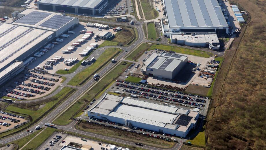 aerial view of the MBDA UK Bolton Aerospace company offices near Bolton (next building up is Komatsu Mining, then Amazon)