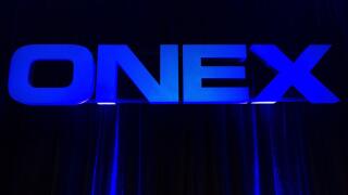 The Onex Corporation logo is displayed at the company's annual general meeting in Toronto on Thursday, May 10, 2012. THE CANADIAN PRESS/Nathan Denette