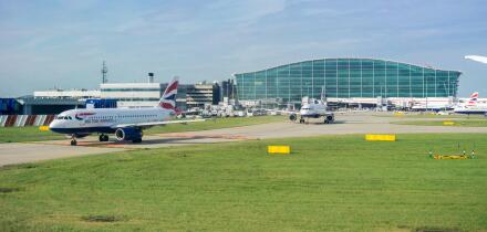 September 24, 2017 London/UK - British Airways airplanes leaving Terminal 5, Heathrow Airport