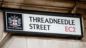 Street sign for Threadneedle Street, City of London England Great Britain