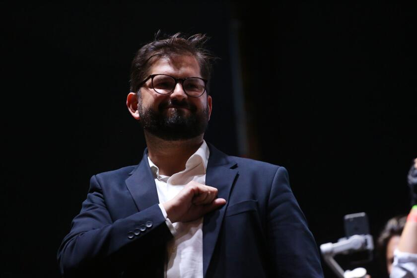 President-elect Gabriel Boric during his speech to his supporters in Santiago, Chile, 19 December 2021. The newly elected president of Chile, the leftist Gabriel Boric, told a crowd of supporters in downtown Santiago on Sunday that the country is "facing