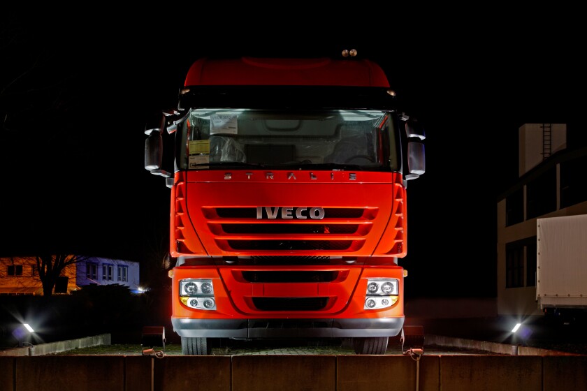 Truck, semi, trailer, new Iveco vehicle, night photograph, DRI