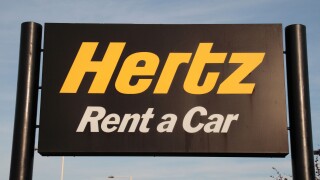 A Hertz Rent a Car sign close to Heathrow Airport, London, UK.