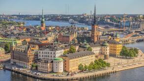 Wide-angle Panoramic cityscape view of the old town of Stockholm, Sweden