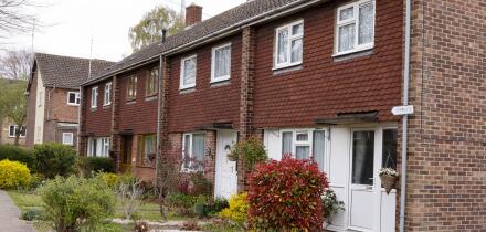 Terraced housing UK; A row of 1970s terraced houses, Newmarket Suffolk UK
