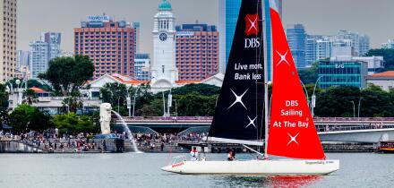 Sailing At The Bay, A DBS Sailboat Sails In Front Of The Merlion Park Area, Singapore, South East Asia