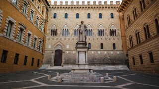 Piazza Salimbeni, Banca Monte dei Paschi di Siena, and the state of Sallustio Bandini. Tuscany, Italy.
