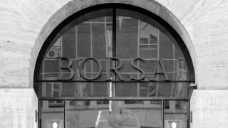 Close up of the main portal at the entrance of Borsa Italiana, the headquarters of Italian Stock exchange in Milan