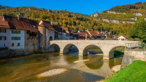 St. Ursanne with river Doubs, Jura, Switzerland