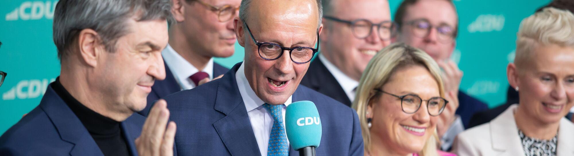 Berlin, Germany, 23st. Februar, 2025 CDU election evening in ?Konrad-Adenauer-Haus?, Friedrich Merz present his 
Federal election success of CDU