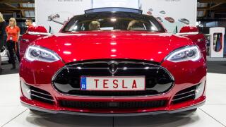BRUSSELS - JAN 12, 2016: Tesla Model S electric car showcased at the Brussels Motor Show.