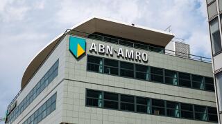 The Hague, Netherlands, August 26, 2025. ABN AMRO bank building facade in the Hague. Wide angle view, overcast summer day, no people