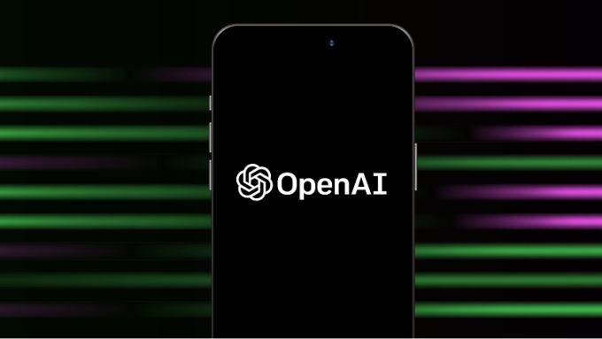 OpenAI's logo superimposed onto an iPhone in front of a stylized background featuring the launch colours of GPT-4