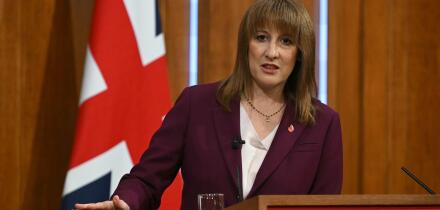 Britain's Chancellor of the Exchequer Rachel Reeves takes journalists' questions after delivering a speech in the media briefing room of 9 Downing Street, London, Tuesday Nov. 4, 2025. (Justin Tallis/Pool Photo via AP)