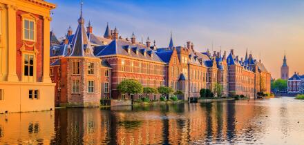 The Hague, Netherlands. Binnenhof castle (Dutch Parliament) in downtown Hague at sunset.