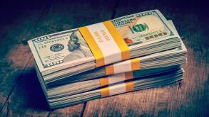 Stacks of new 100 US dollars 2013 bills banknotes