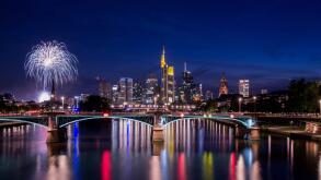 Frankfurt am Main, Hessen, Germany - August 07, 2017: Fireworks in Frankfurt am Main city during Mainfest in Frankfurt, Germany