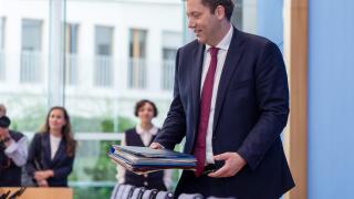 Berlin, Germany. 30th July, 2025. Lars Klingbeil (SPD), Federal Minister of Finance, attends the press conference on the 2026 budget. Credit: Soeren Stache/dpa/Alamy Live News