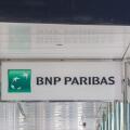 BNP Paribas bank logo installed on top of a ground floor ceiling for marketing purpose. Singapore.