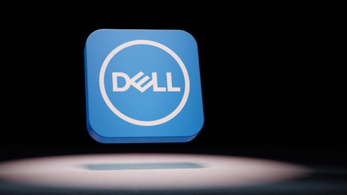 A digital render of Intel's logo in a 3D graphic floating in the air above a grey floor set against a black background