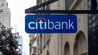 A Citibank projecting sign on the building in New York City, USA.