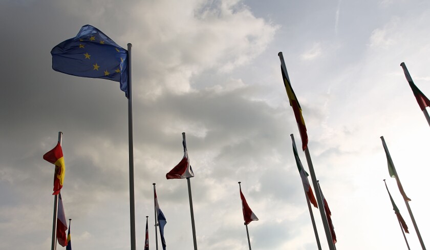 EU flag uncertainty grey rainy_4Oct23_alamy