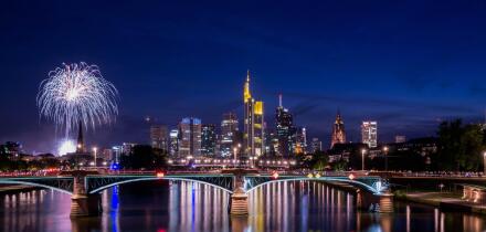 Frankfurt am Main, Hessen, Germany - August 07, 2017: Fireworks in Frankfurt am Main city during Mainfest in Frankfurt, Germany