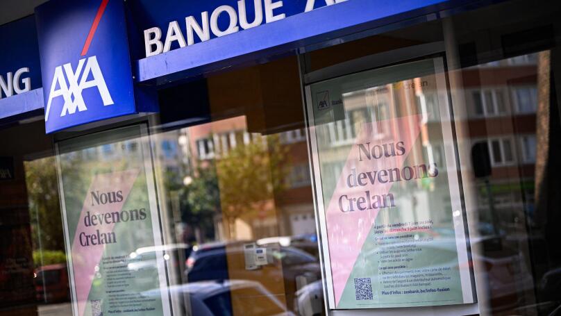 Ixelles, Belgium. 29th May, 2024. Illustration picture shows an office of the AXA bank in Brussels, Monday 27 May 2024. AXA and Crelan decided to merge together into Crelan in june. BELGA PHOTO LAURIE DIEFFEMBACQ Credit: Belga News Agency/Alamy Live News