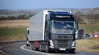 Volvo truck climbing Woodhead Pass in South Yorkshire