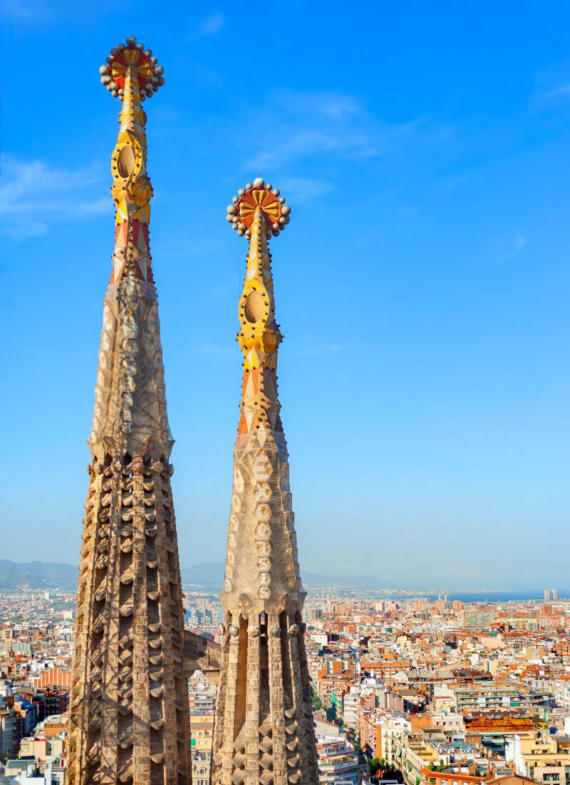 View of the Sagrada Familia spires and Barcelona city centre in the distance, Barcelona, Catalonia, Spain