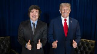 President Donald Trump giving a thumbs up with Javier Milei, President of Argentina, before a meeting at the United Nations Headquarters in New York City on September 23, 2025. Image courtesy of the White House.