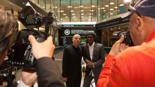 London, UK. 11th July 2018. Nile Rodgers and business manager Merck Mercuriadis attended the London Stock Exchange today to float their company Hipgnosis Songs. Rodgers is an Advisory Board Member and Mercuriadis is the CEO and Founder. Credit: Anna Watso