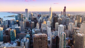 High angle view of Chicago skyline and suburbs looking south in the late afternoon, Chicago, Illinois, USA.
