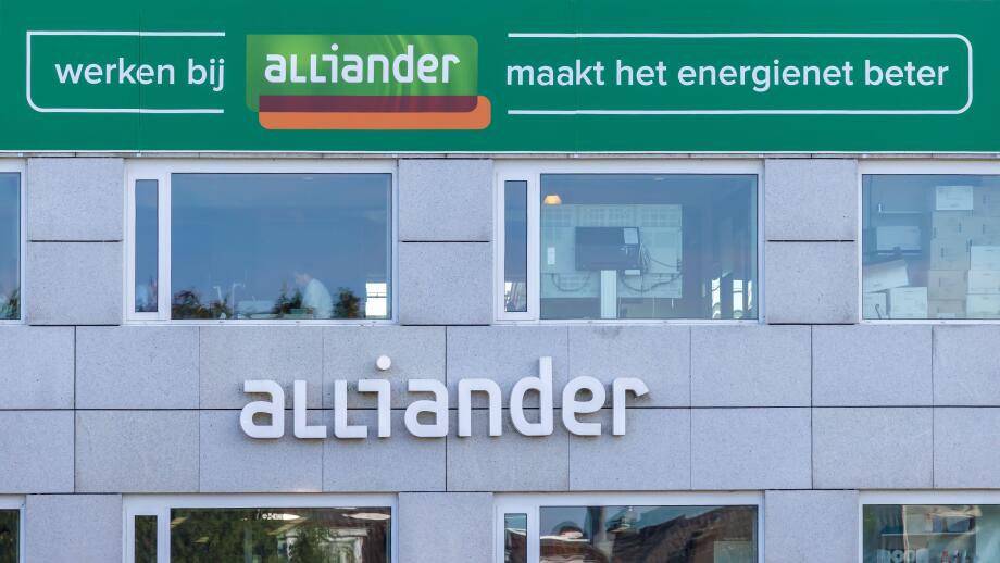 Arnhem, The Netherlands - October 1, 2025: Office of Alliander Energy with the Dutch text for "Working at alliander makes the energy network better"