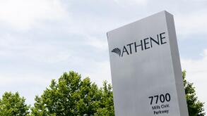 A logo sign outside of a facility occupied by Athene Holding in West Des Moines, Iowa, on June 30, 2018.