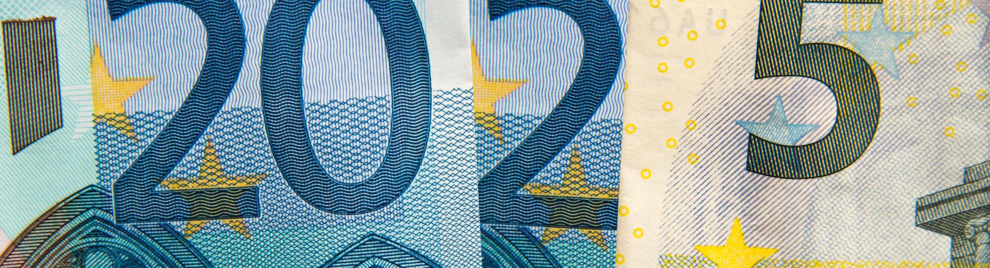 CLose up on 2025 written with euros bank notes, finances, earnings and budget concept