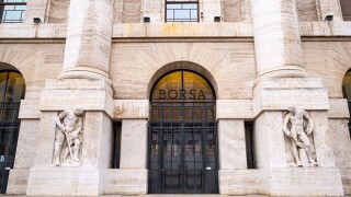 Milan Stock Exchange entrance on Piazza Affari - The building shows the typical fascist style and today is an important landmark in Milano