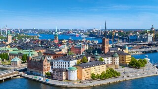 Stockholm. Aerial view of Riddarholmen and Gamla Stan (Old Town) from the Tower of Stockholm City Hall (Stadshuset), Kungsholmen, Stockholm, Sweden