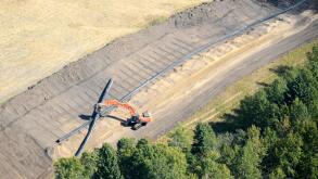 aerial, water pipeline construction, Blackfalds, Alberta