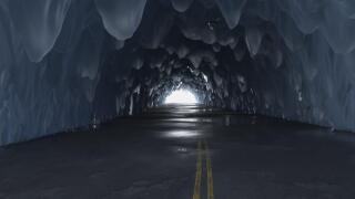 3d rendering of icy tunnel with light at the end of tunnel